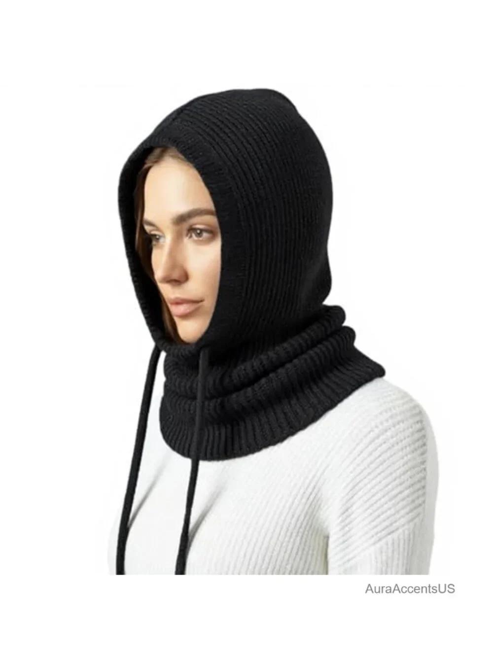 Knit Hooded Scarf Balaclava Winter Neck Warmer Headwear Adjustable Drawstring